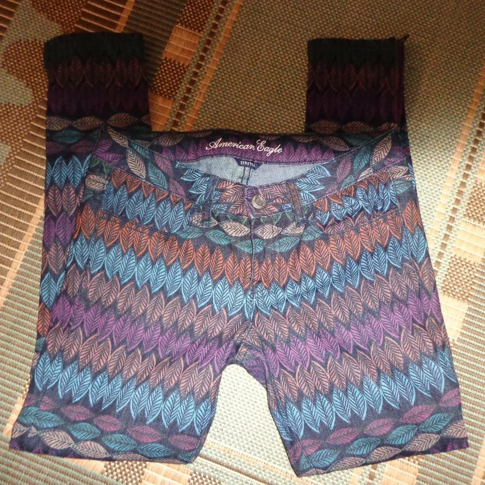 American Eagle Outfitters Stretch Jeggings 4 Leaf/Feather Multicolored Zip Leg - Picture 7 of 16